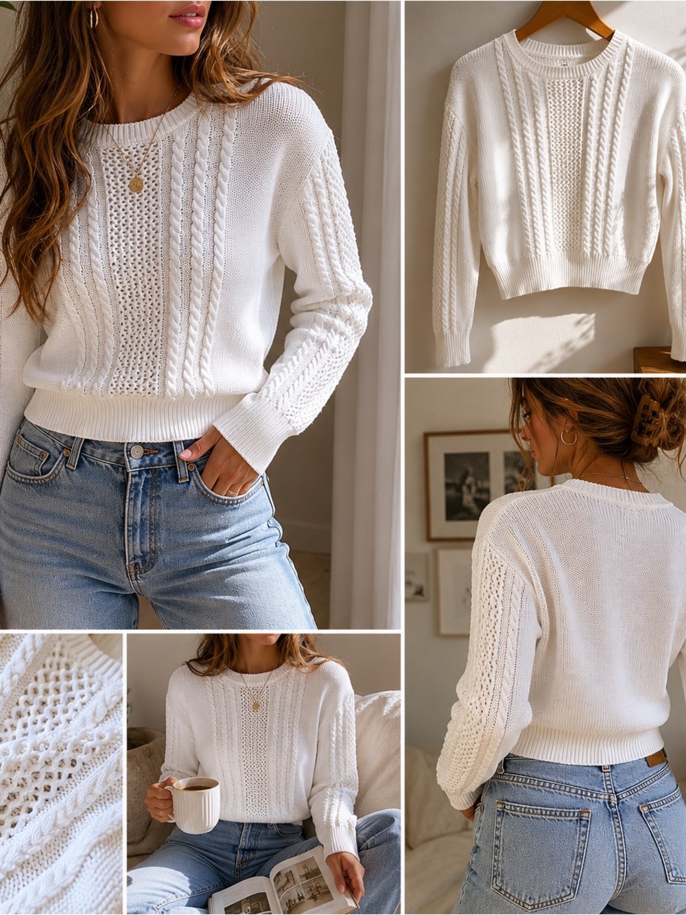 White Cable Knit Crop Sweater Open Weave Panel Crewneck 100% Cotton